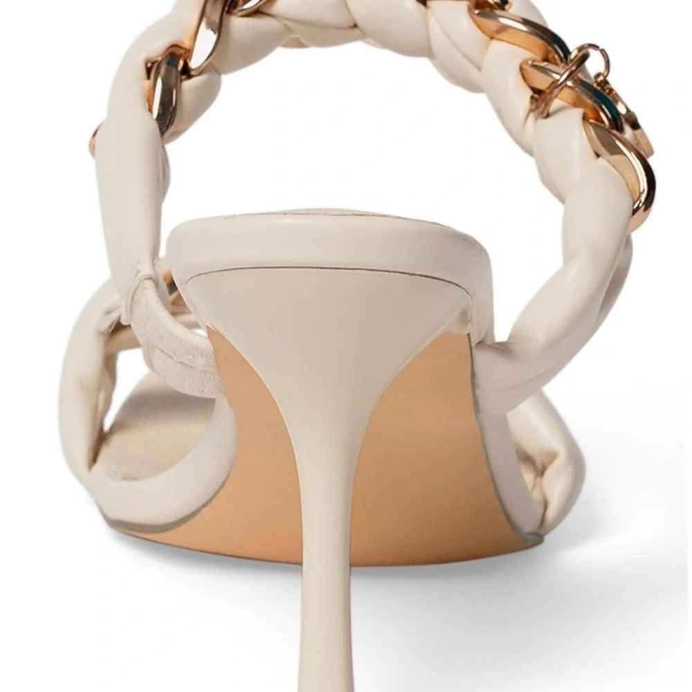 ELEGANT CHAIN DETAIL SLIP ON SANDALS COLOR CREAM CLASSY CHIC SZ 8